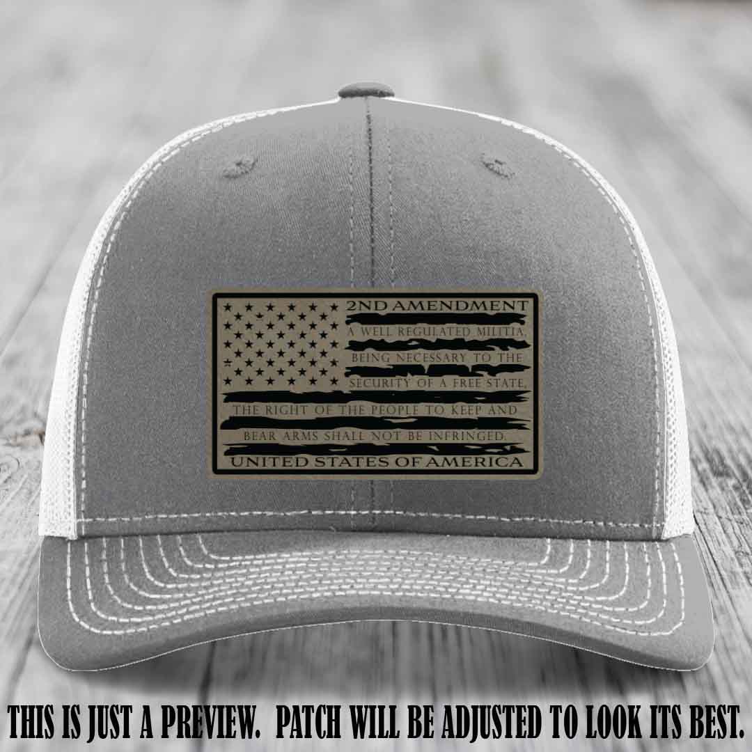 2nd Amendment Freedom Flag Light Brown to Black Patch Leather patch on Richardson 112 trucker hats - Heather Grey to White Hat