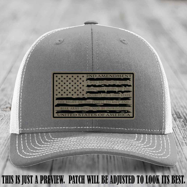 2nd Amendment Freedom Flag Light Brown to Black Patch Leather patch on Richardson 112 trucker hats - Heather Grey to White Hat