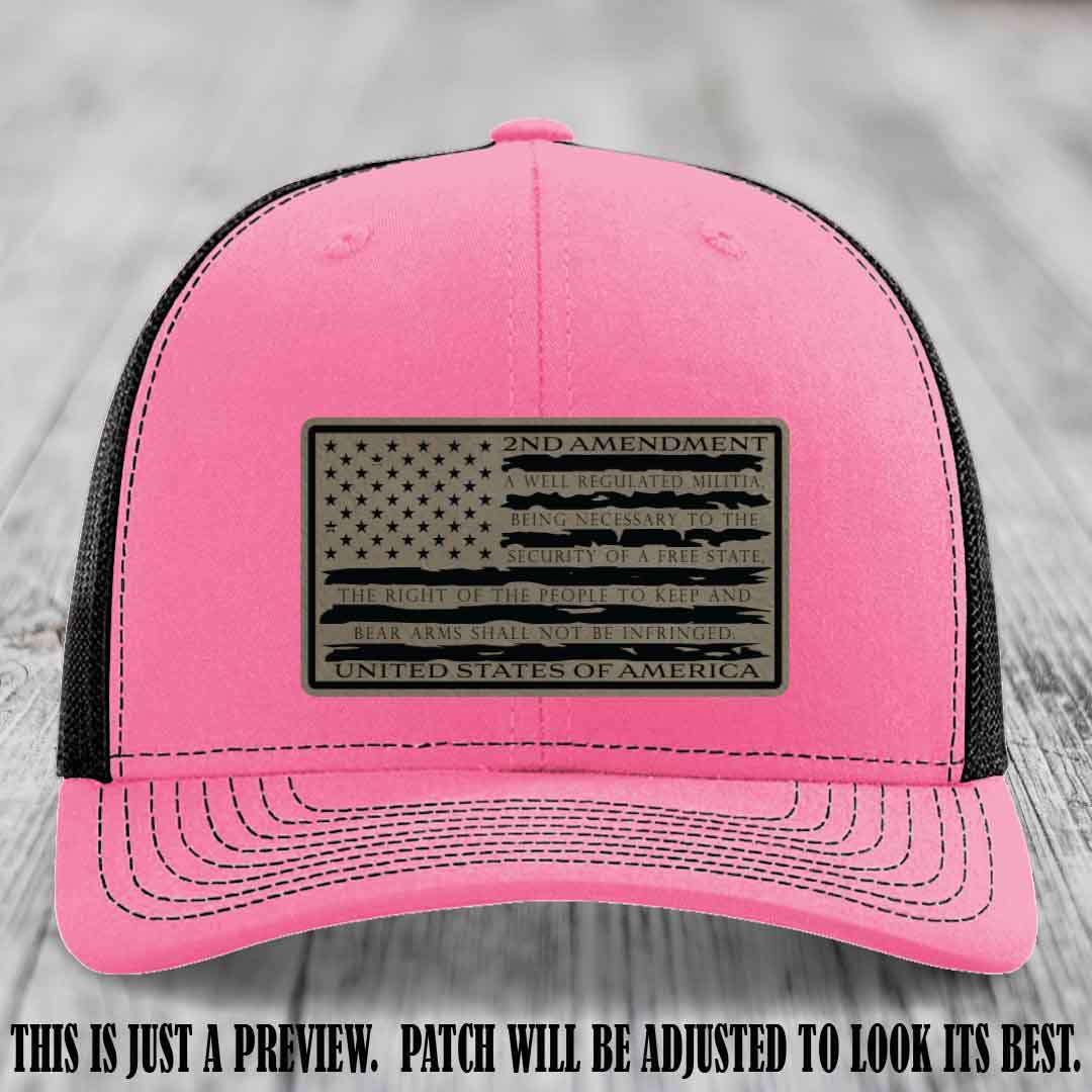 2nd Amendment Freedom Flag Light Brown to Black Patch Leather patch on Richardson 112 trucker hats - Hot Pink to Black Hat