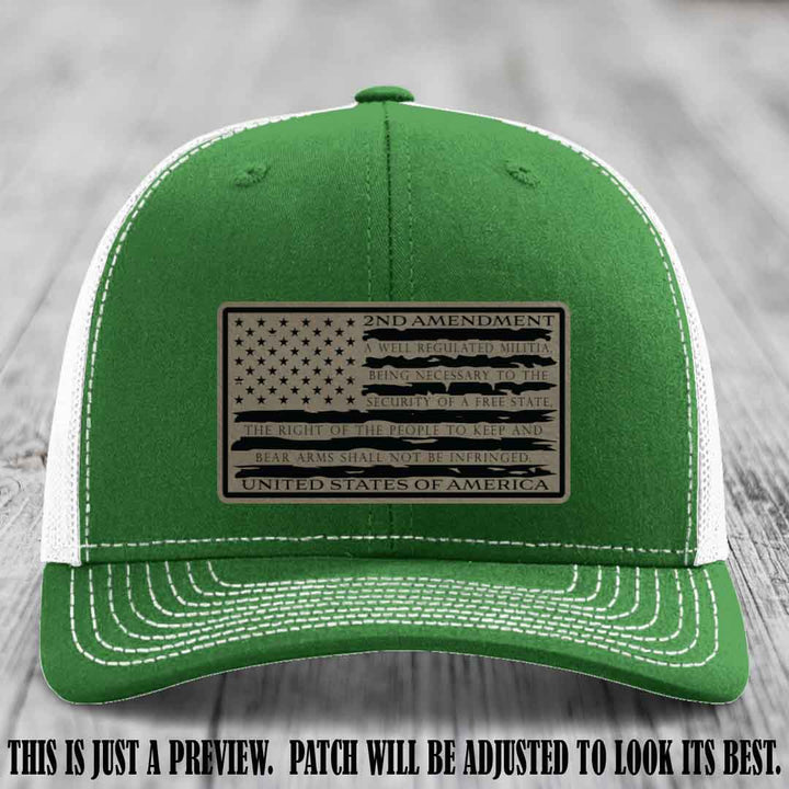 2nd Amendment Freedom Flag Light Brown to Black Patch Leather patch on Richardson 112 trucker hats - Kelly to White Hat