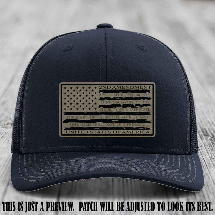 2nd Amendment Freedom Flag Light Brown to Black Patch Leather patch on Richardson 112 trucker hats - Navy Hat