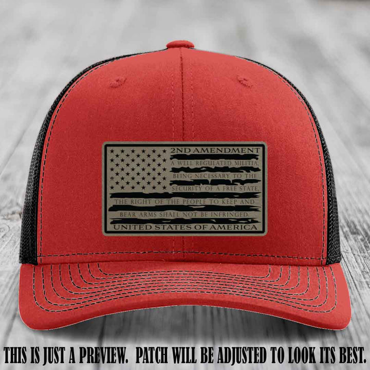 2nd Amendment Freedom Flag Light Brown to Black Patch Leather patch on Richardson 112 trucker hats - Red to Black Hat
