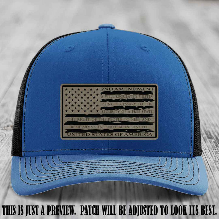 2nd Amendment Freedom Flag Light Brown to Black Patch Leather patch on Richardson 112 trucker hats - Royal to Black Hat