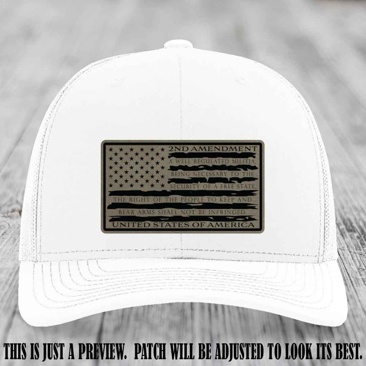 2nd Amendment Freedom Flag Light Brown to Black Patch Leather patch on Richardson 112 trucker hats - White Hat