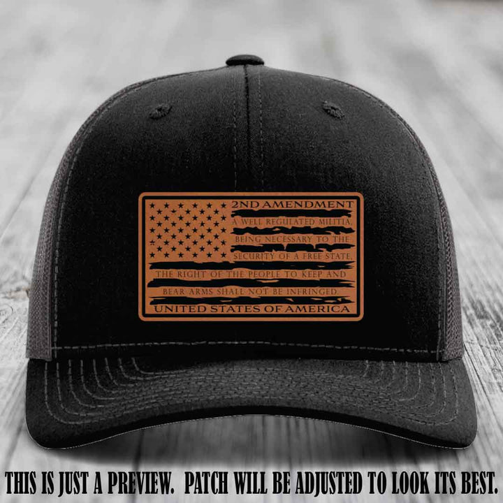 2nd Amendment Freedom Flag Rawhide to Black Patch Leather patch on Richardson 112 trucker hats - Black to Charcoal Hat