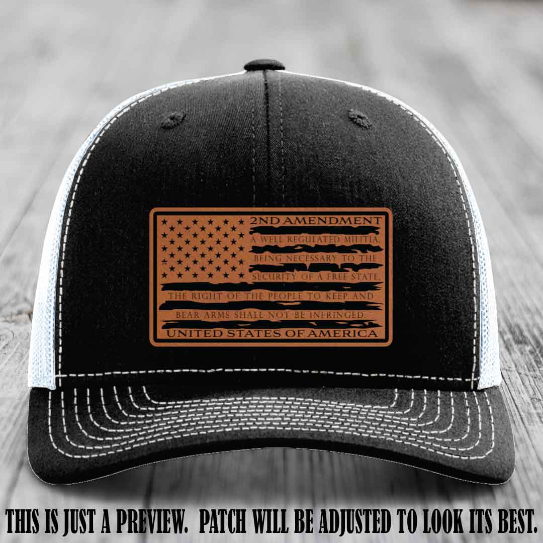 2nd Amendment Freedom Flag Rawhide to Black Patch Leather patch on Richardson 112 trucker hats - Black to White Hat