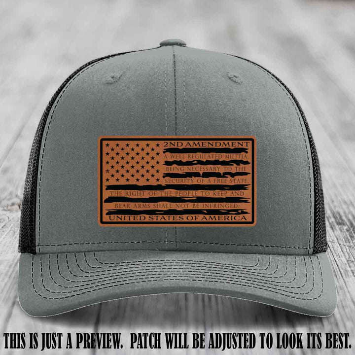 2nd Amendment Freedom Flag Rawhide to Black Patch Leather patch on Richardson 112 trucker hats - Heather Grey to Black Hat