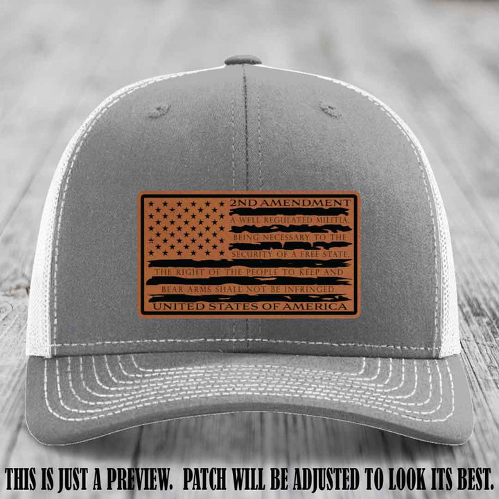 2nd Amendment Freedom Flag Rawhide to Black Patch Leather patch on Richardson 112 trucker hats - Heather Grey to White Hat