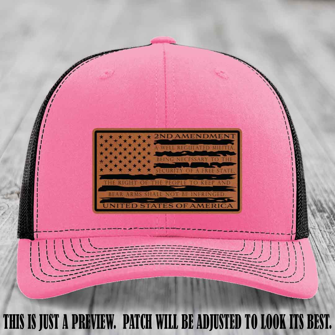 2nd Amendment Freedom Flag Rawhide to Black Patch Leather patch on Richardson 112 trucker hats - Hot Pink to Black Hat