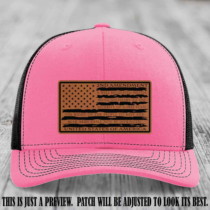 2nd Amendment Freedom Flag Rawhide to Black Patch Leather patch on Richardson 112 trucker hats - Hot Pink to Black Hat