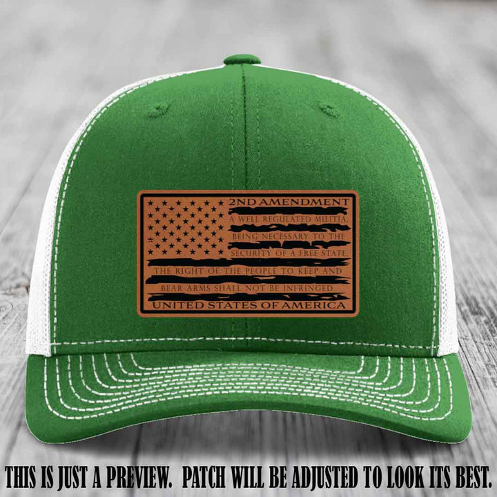 2nd Amendment Freedom Flag Rawhide to Black Patch Leather patch on Richardson 112 trucker hats - Kelly to White Hat