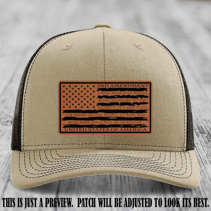 2nd Amendment Freedom Flag Rawhide to Black Patch Leather patch on Richardson 112 trucker hats - Khaki to Coffee Hat