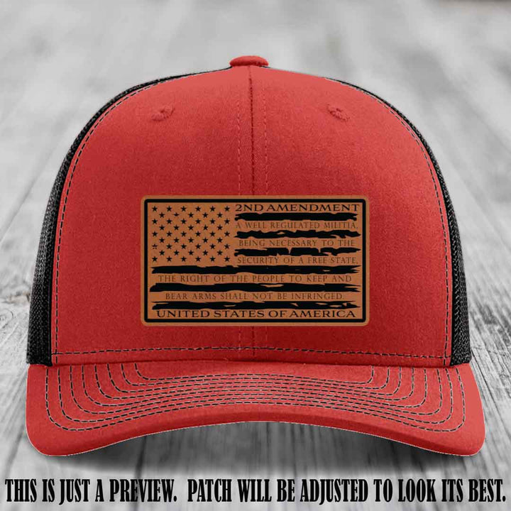 2nd Amendment Freedom Flag Rawhide to Black Patch Leather patch on Richardson 112 trucker hats - Red to Black Hat