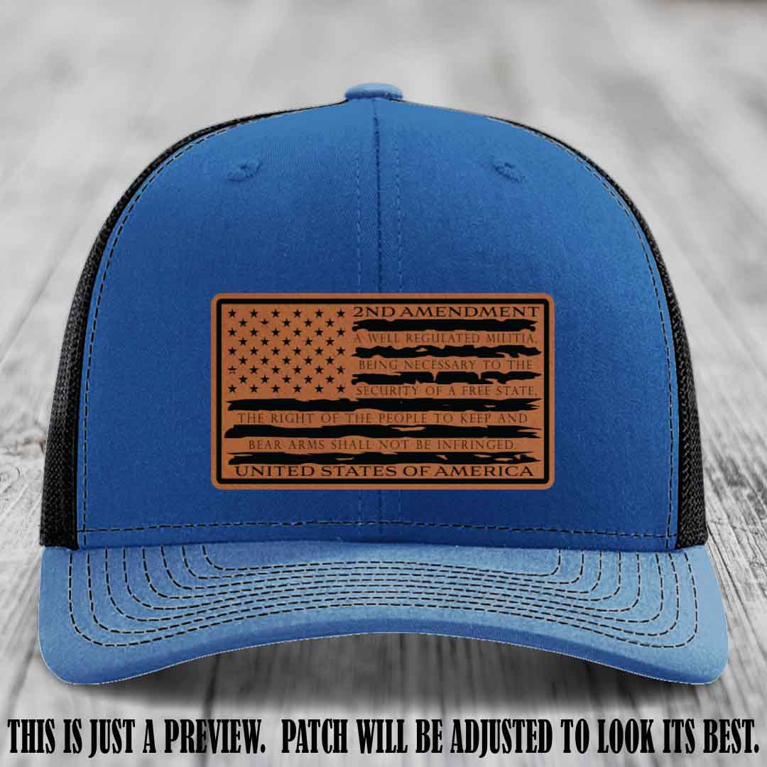 2nd Amendment Freedom Flag Rawhide to Black Patch Leather patch on Richardson 112 trucker hats - Royal to Black Hat