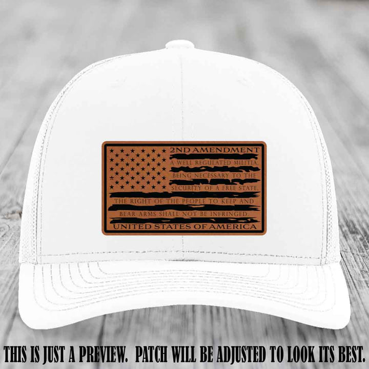2nd Amendment Freedom Flag Rawhide to Black Patch Leather patch on Richardson 112 trucker hats - White Hat