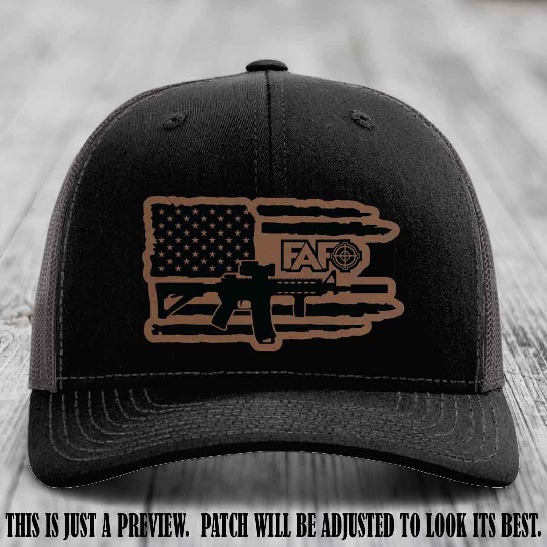FAFO Dark Brown to Black Patch Leather Patch on Black to Charcoal Hat Richardson 112 Hat
