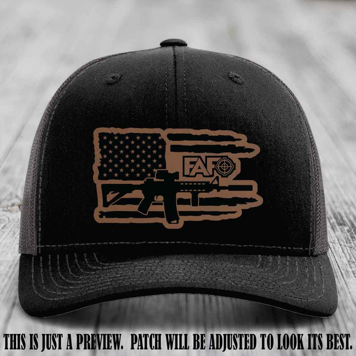 FAFO Dark Brown to Black Patch Leather Patch on Black to Charcoal Hat Richardson 112 Hat