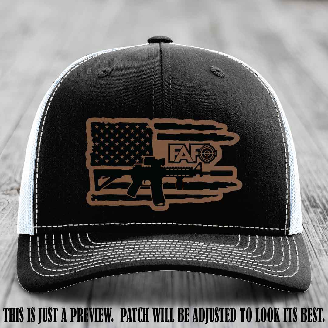 FAFO Dark Brown to Black Patch Leather Patch on Black to White Hat Richardson 112 Hat