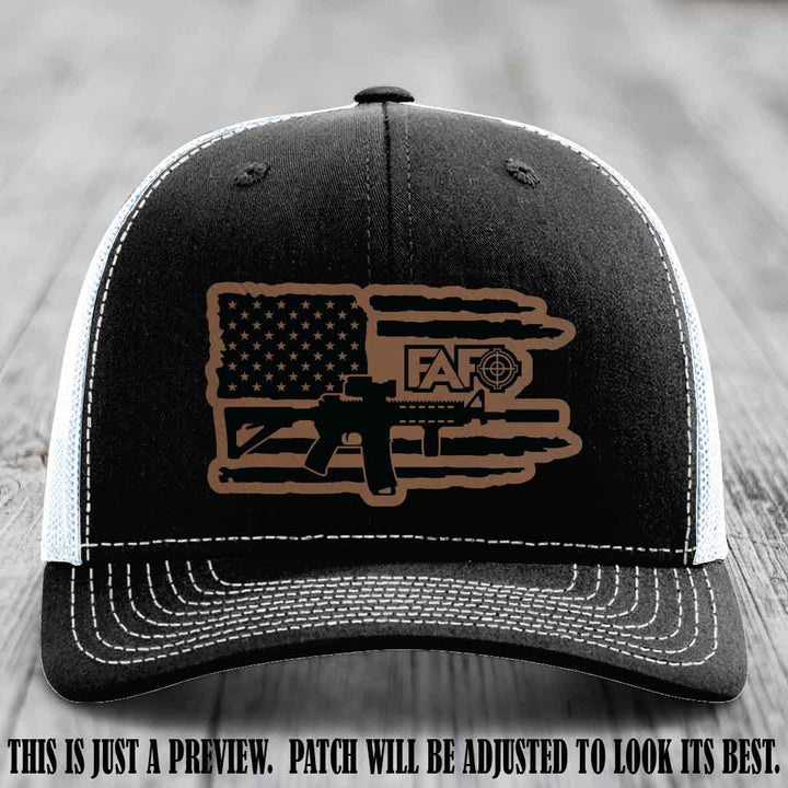 FAFO Dark Brown to Black Patch Leather Patch on Black to White Hat Richardson 112 Hat