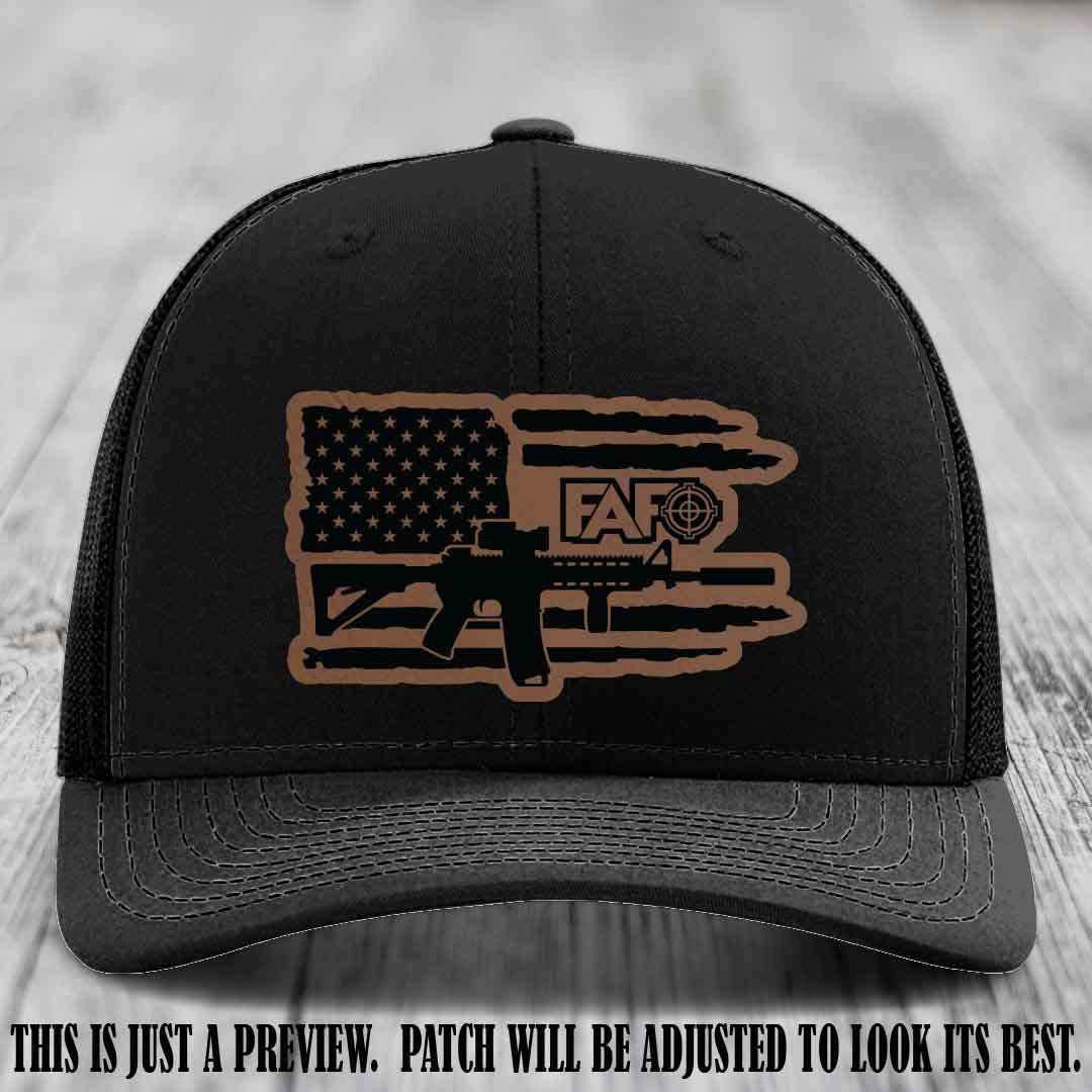 FAFO Dark Brown to Black Patch Leather Patch on Black Hat Richardson 112 Hat