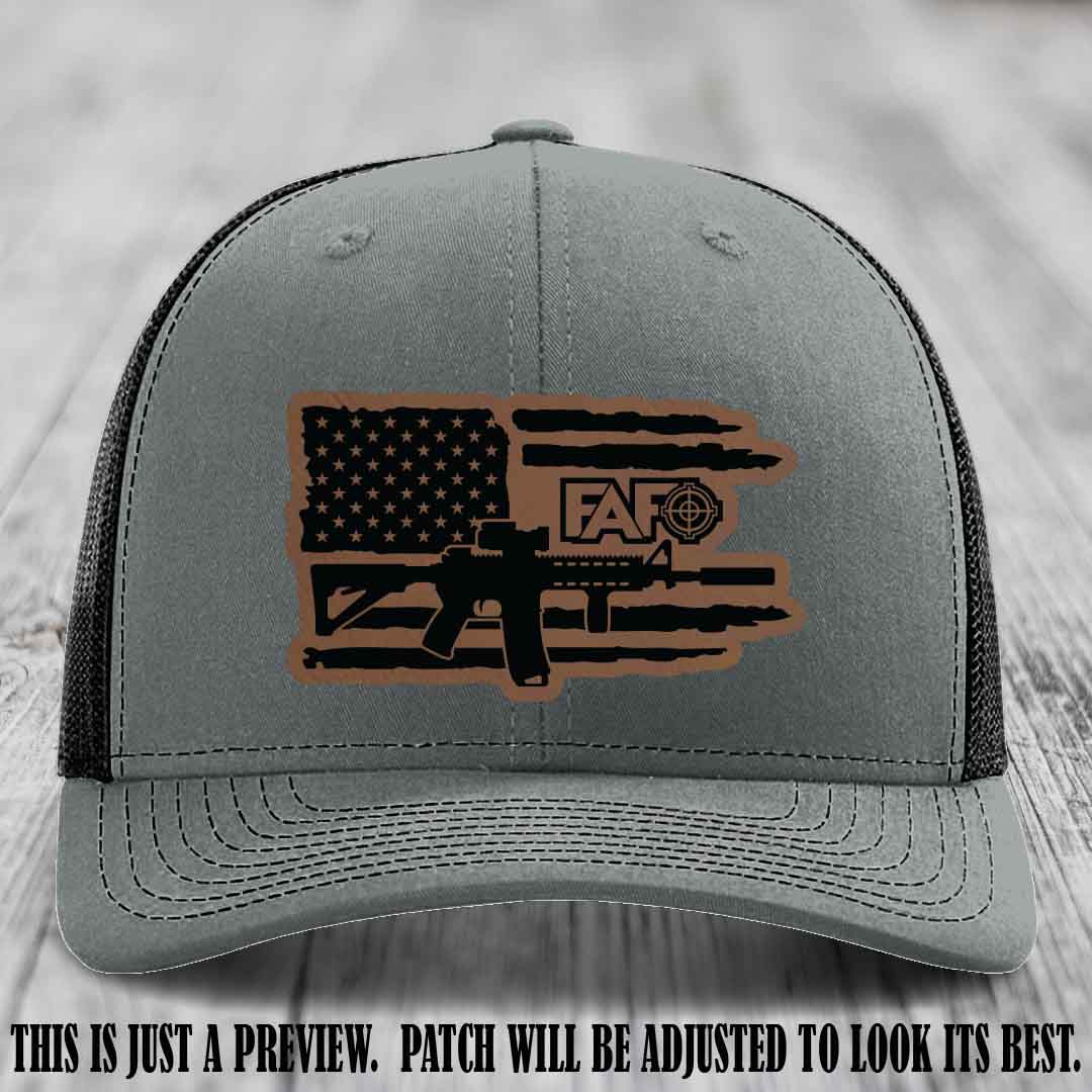 FAFO Dark Brown to Black Patch Leather Patch on Heather Grey to Black Hat Richardson 112 Hat