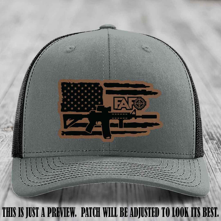 FAFO Dark Brown to Black Patch Leather Patch on Heather Grey to Black Hat Richardson 112 Hat