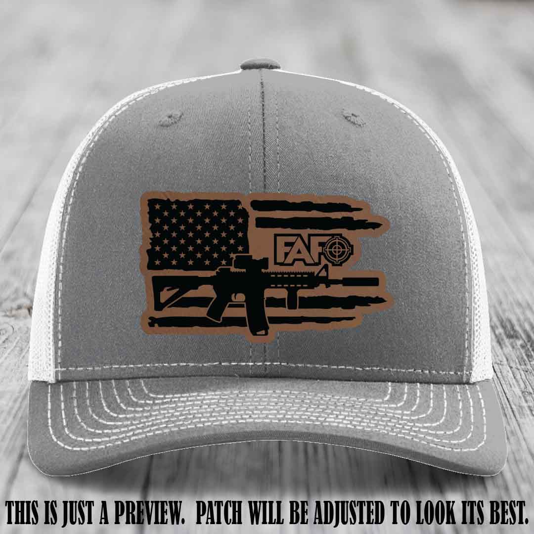 FAFO Dark Brown to Black Patch Leather Patch on Heather Grey to White Hat Richardson 112 Hat