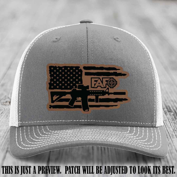 FAFO Dark Brown to Black Patch Leather Patch on Heather Grey to White Hat Richardson 112 Hat