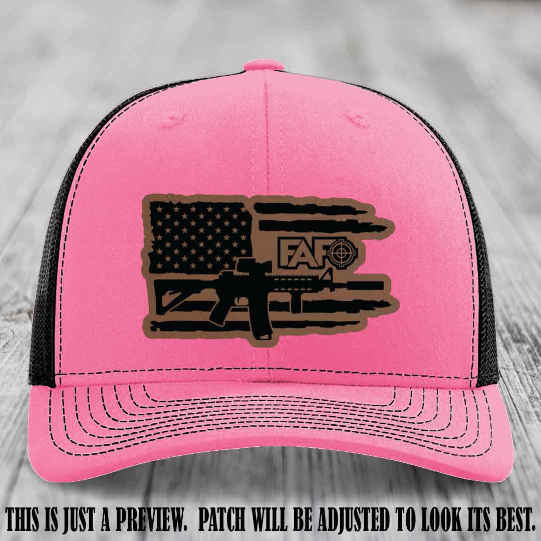 FAFO Dark Brown to Black Patch Leather Patch on Hot Pink to Black Hat Richardson 112 Hat