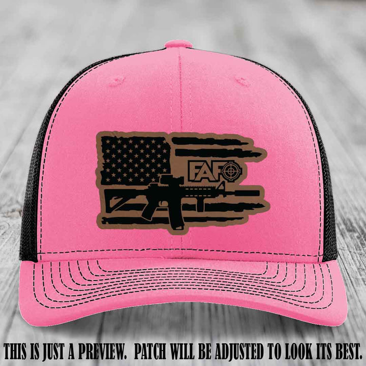 FAFO Dark Brown to Black Patch Leather Patch on Hot Pink to Black Hat Richardson 112 Hat