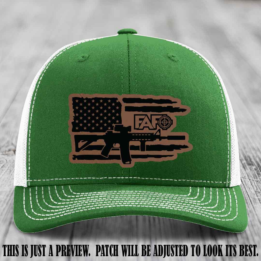 FAFO Dark Brown to Black Patch Leather Patch on Kelly to White Hat Richardson 112 Hat