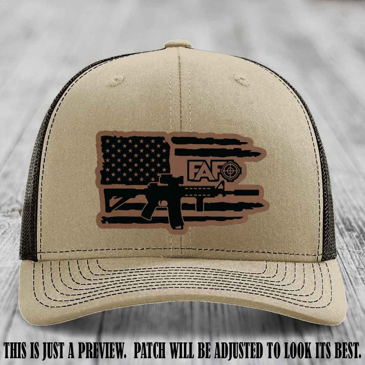 FAFO Dark Brown to Black Patch Leather Patch on Khaki to Coffee Hat Richardson 112 Hat