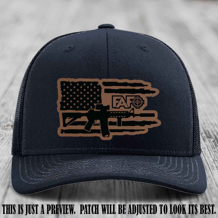 FAFO Dark Brown to Black Patch Leather Patch on Navy Hat Richardson 112 Hat