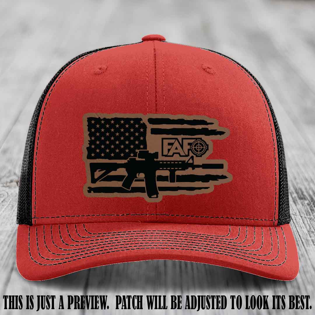FAFO Dark Brown to Black Patch Leather Patch on Red to Black Hat Richardson 112 Hat