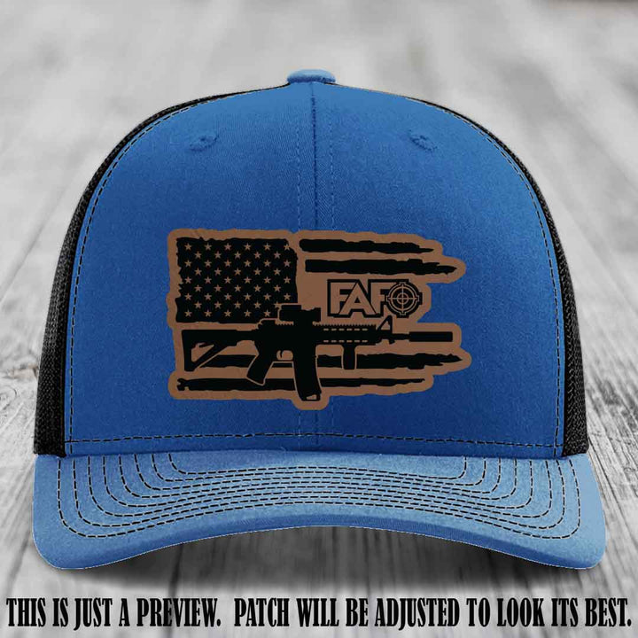 FAFO Dark Brown to Black Patch Leather Patch on Royal to Black Hat Richardson 112 Hat