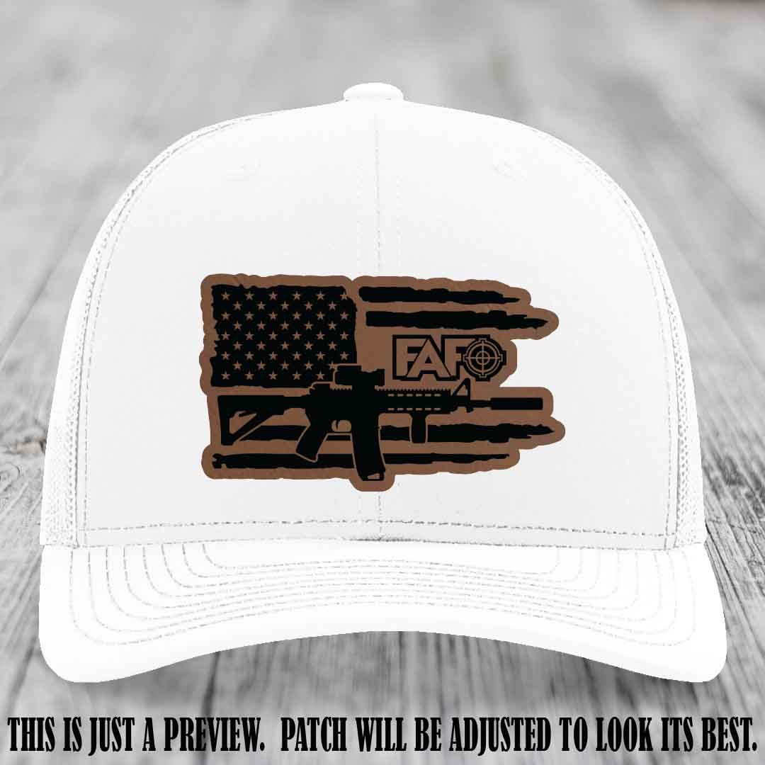 FAFO Dark Brown to Black Patch Leather Patch on White Hat Richardson 112 Hat