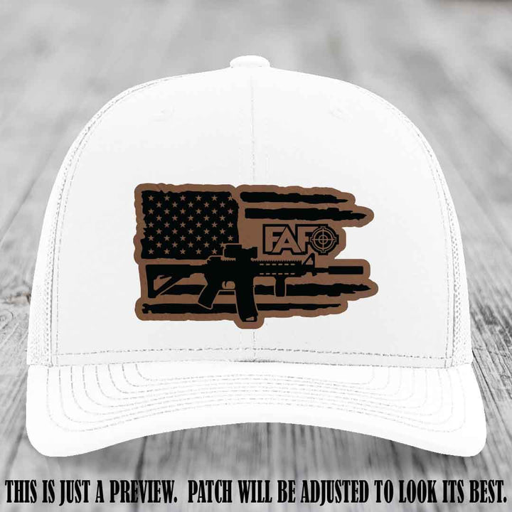 FAFO Dark Brown to Black Patch Leather Patch on White Hat Richardson 112 Hat