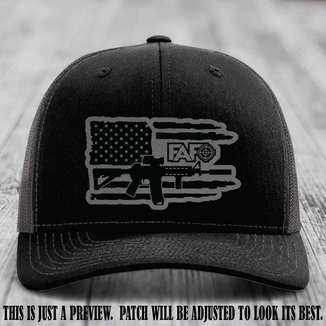 FAFO Grey to Black Patch Leather Patch on Black to Charcoal Hat Richardson 112 Hat