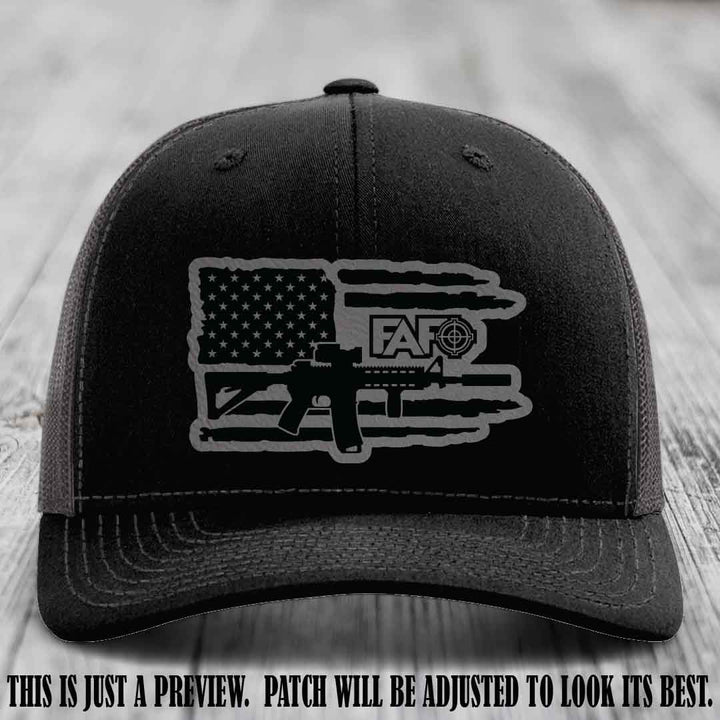 FAFO Grey to Black Patch Leather Patch on Black to Charcoal Hat Richardson 112 Hat
