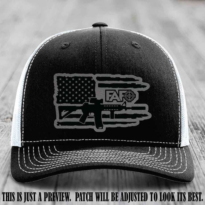 FAFO Grey to Black Patch Leather Patch on Black to White Hat Richardson 112 Hat