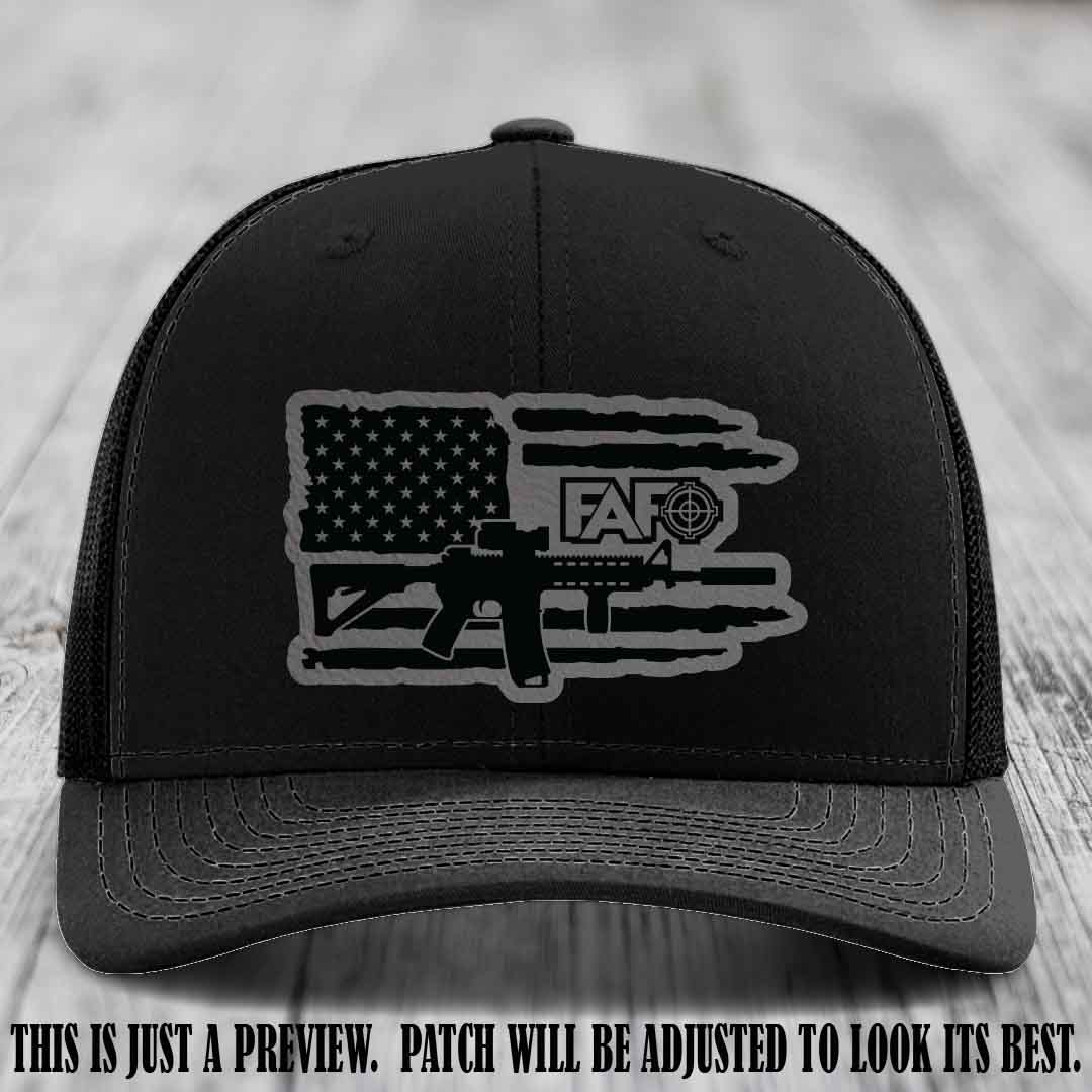 FAFO Grey to Black Patch Leather Patch on Black Hat Richardson 112 Hat