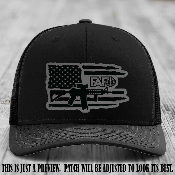 FAFO Grey to Black Patch Leather Patch on Black Hat Richardson 112 Hat