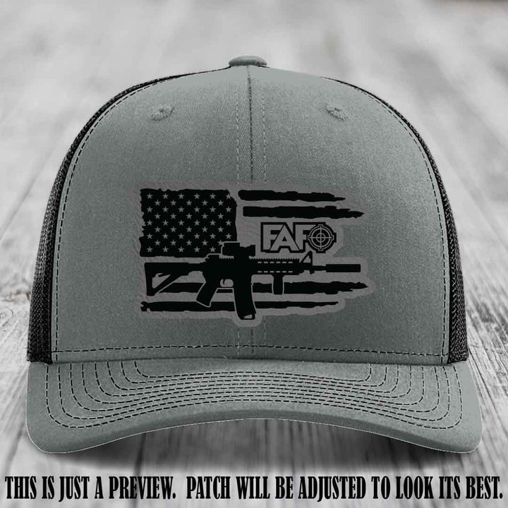 FAFO Grey to Black Patch Leather Patch on Heather Grey to Black Hat Richardson 112 Hat