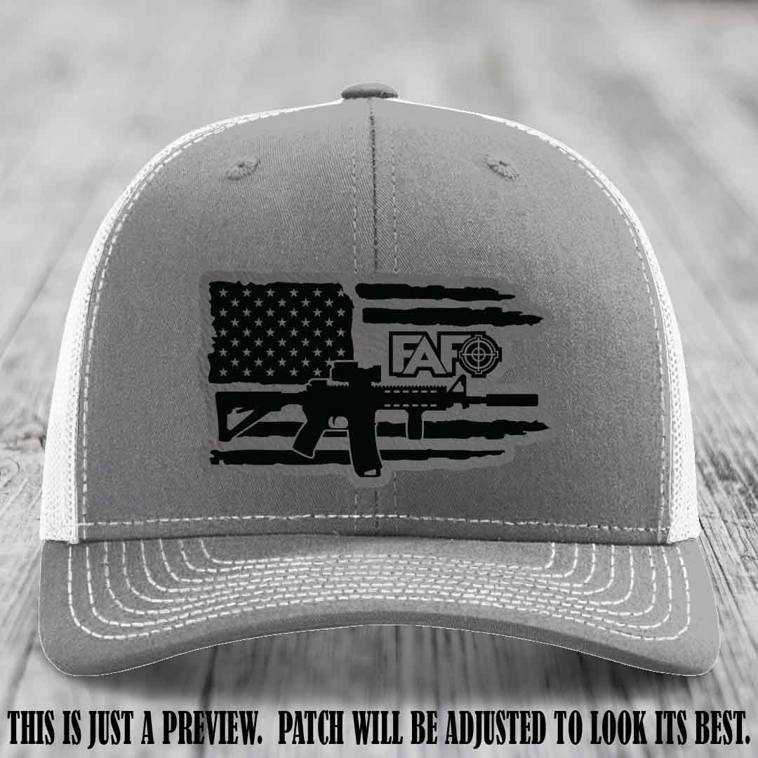 FAFO Grey to Black Patch Leather Patch on Heather Grey to White Hat Richardson 112 Hat