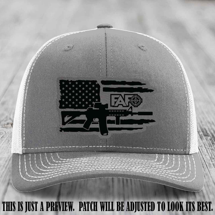 FAFO Grey to Black Patch Leather Patch on Heather Grey to White Hat Richardson 112 Hat
