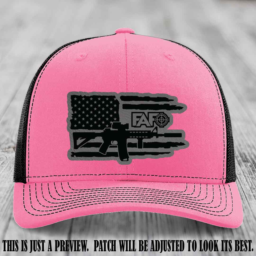 FAFO Grey to Black Patch Leather Patch on Hot Pink to Black Hat Richardson 112 Hat