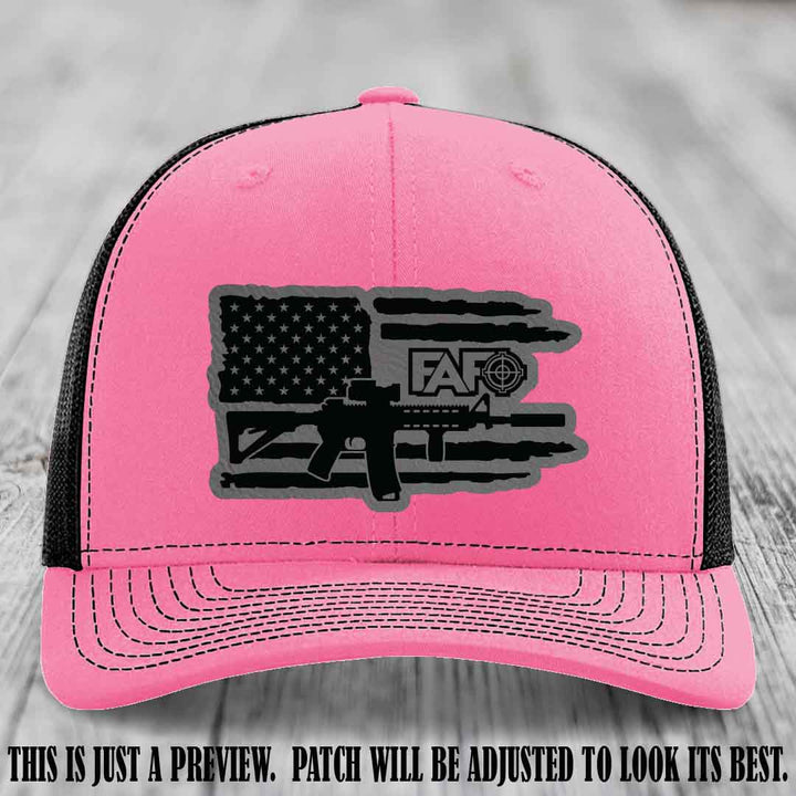FAFO Grey to Black Patch Leather Patch on Hot Pink to Black Hat Richardson 112 Hat
