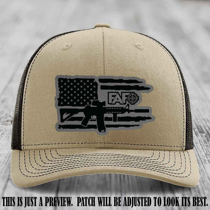 FAFO Grey to Black Patch Leather Patch on Khaki to Coffee Hat Richardson 112 Hat