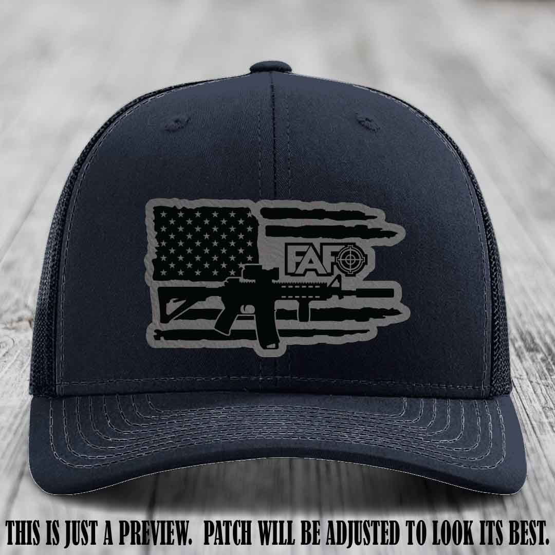 FAFO Grey to Black Patch Leather Patch on Navy Hat Richardson 112 Hat