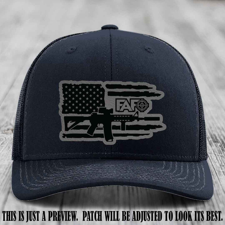 FAFO Grey to Black Patch Leather Patch on Navy Hat Richardson 112 Hat